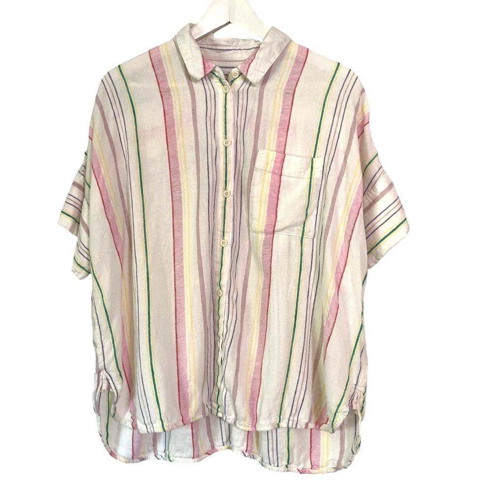 Madewell Linen Blend Stripe Camp Shirt Large Relaxed Coastal Cottagecore